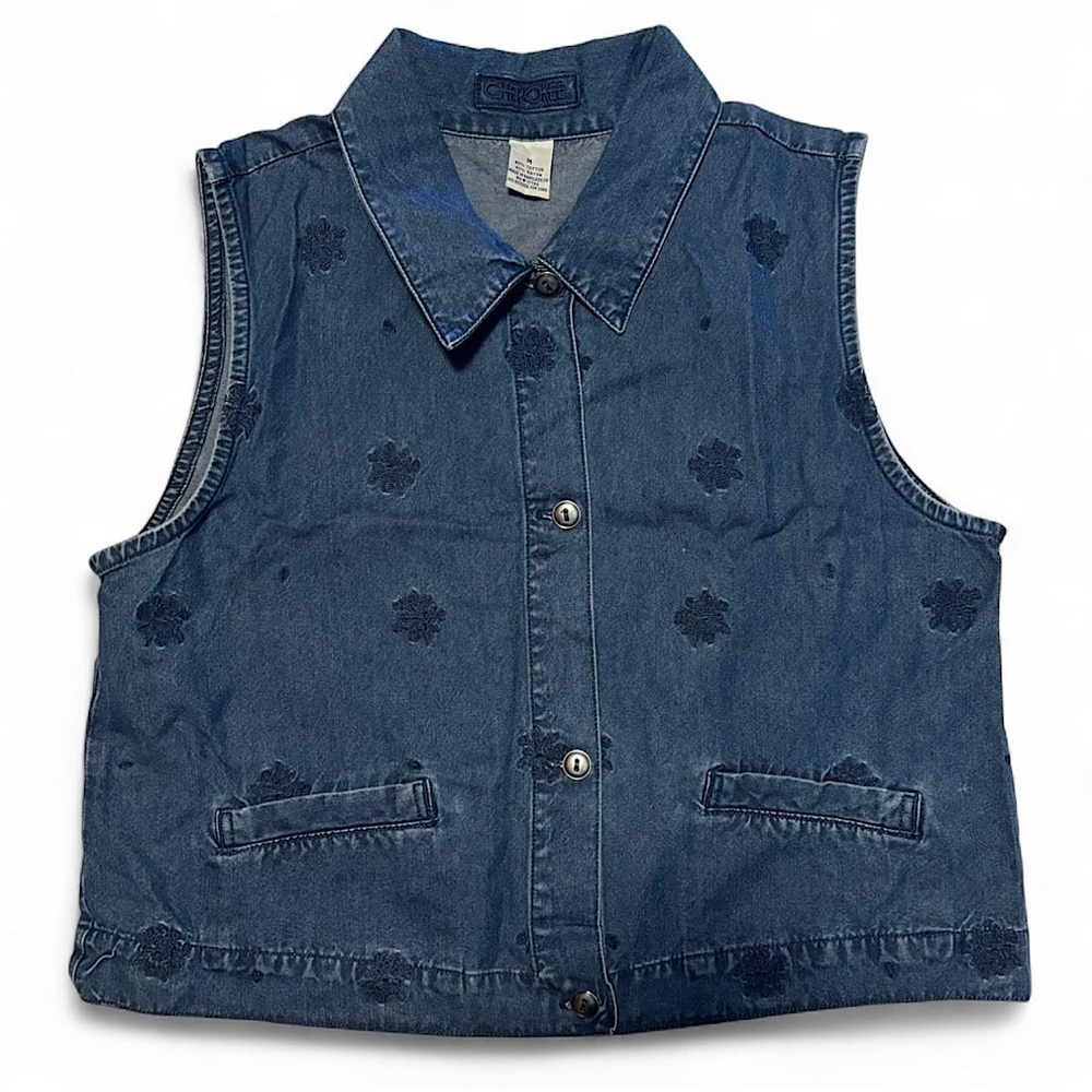 Vintage 90s Cherokee Women's Medium Denim Vest Floral Embroidered Cottagecore - Picture 1 of 4